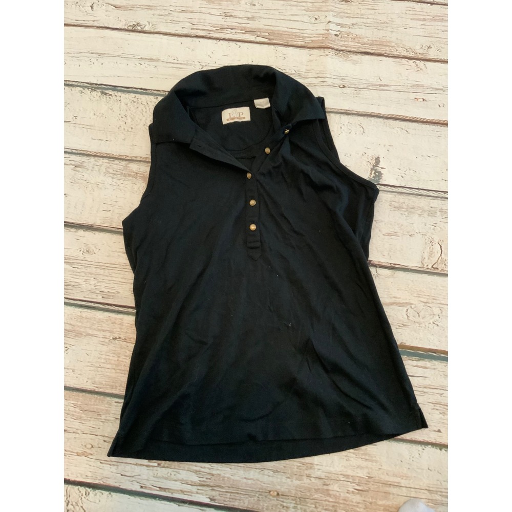 EP Pro Womens Sleeveless Polo Shirt Black Gold Buttons Golf Tennis Top Size S